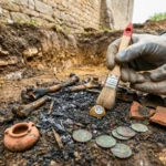 Archéologue nettoyant une bague antique entourée de pièces, d’ossements et de fragments lors d’une fouille archéologique.