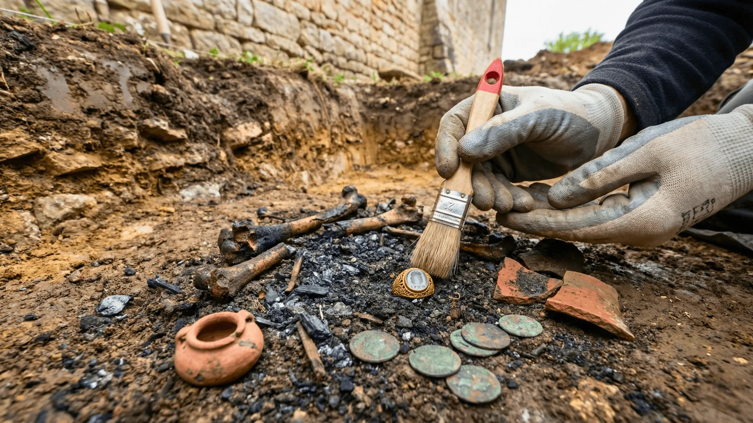 Archéologue nettoyant une bague antique entourée de pièces, d’ossements et de fragments lors d’une fouille archéologique.
