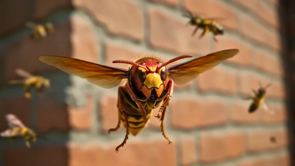 Frelon oriental rouge sombre en vol, espèce invasive récemment observée en Europe