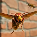 Frelon oriental rouge sombre en vol, espèce invasive récemment observée en Europe