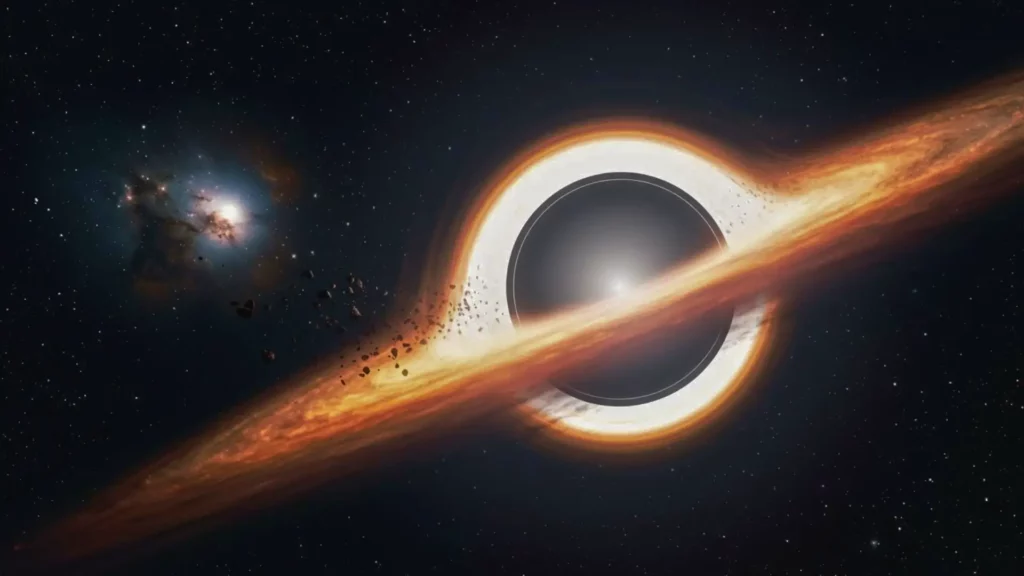 Illustration d’un trou noir supermassif entouré d’un disque de matière incandescente, déformant l’espace-temps après la destruction d’une étoile.