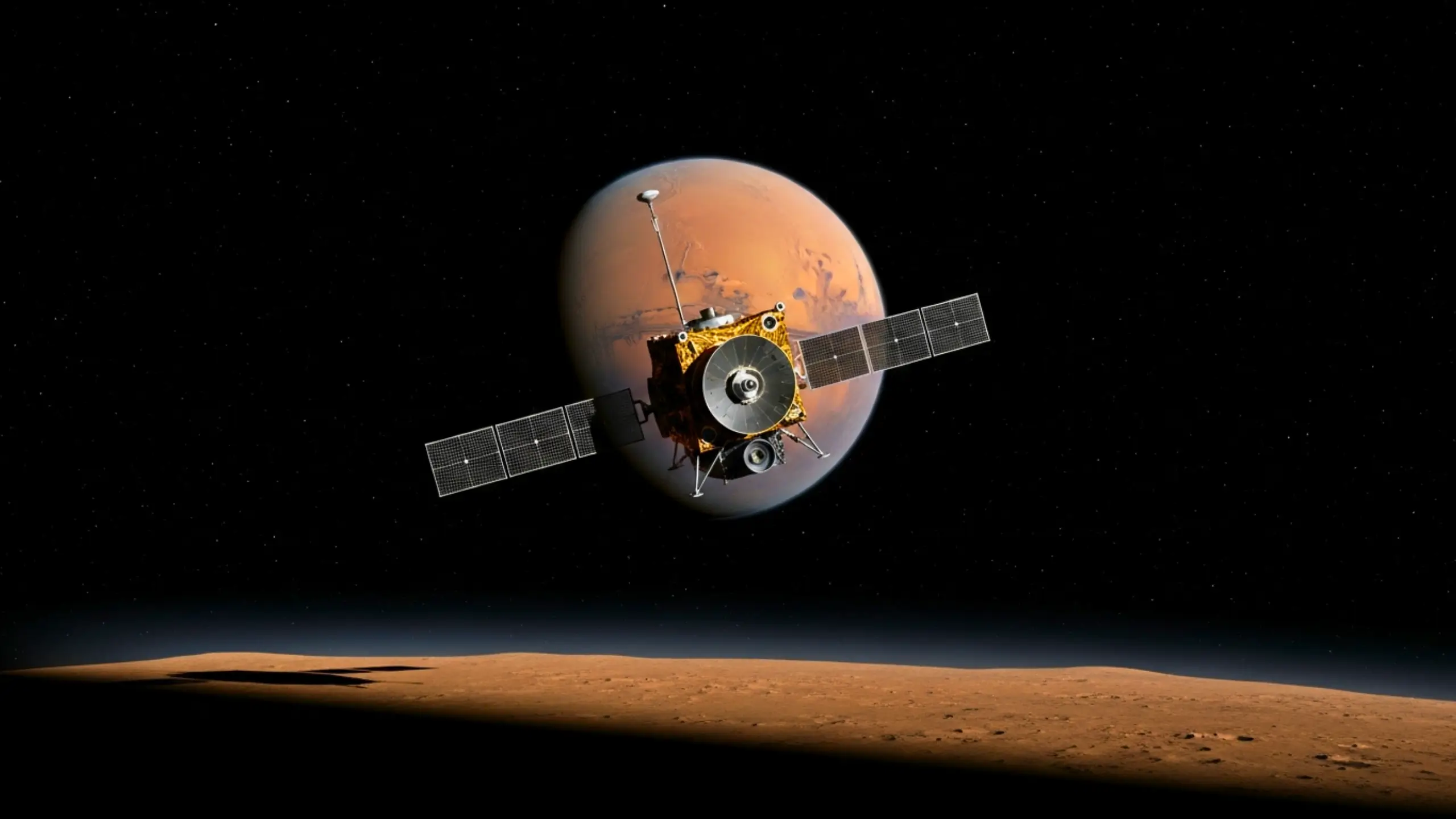 Illustration de la sonde spatiale MAVEN en orbite autour de Mars, avec la planète rouge en arrière-plan.