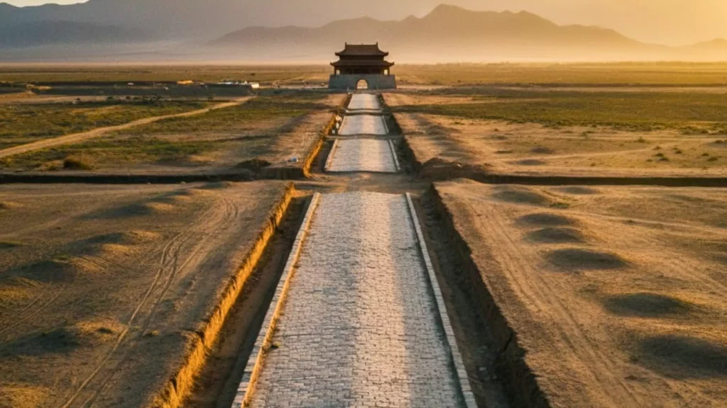 Route impériale antique en Chine traversant une plaine désertique vers un pavillon, témoignage d’une autoroute militaire construite il y a plus de 2 200 ans.