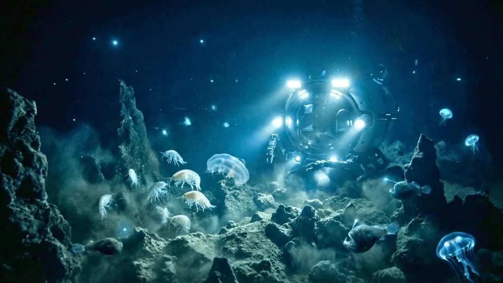 Submersible illuminant des créatures marines bioluminescentes dans les profondeurs abyssales.