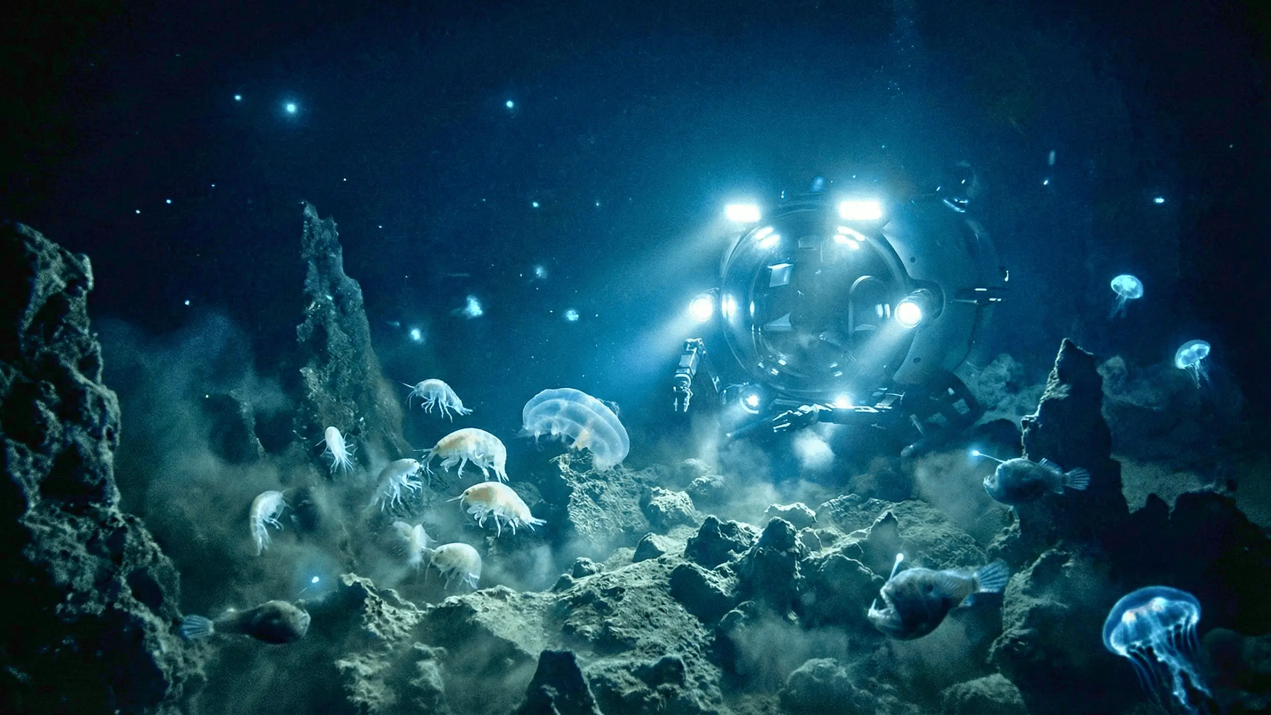 Submersible illuminant des créatures marines bioluminescentes dans les profondeurs abyssales.