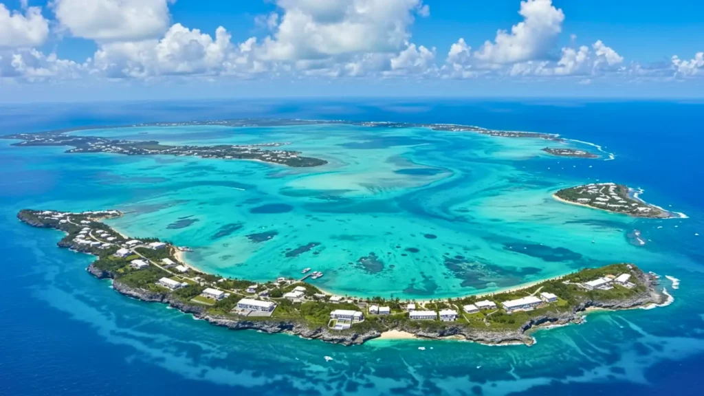 Vue aérienne des îles Bermudes entourées d’eaux turquoise, archipel reposant sur une structure géologique atypique sous l’océan Atlantique.