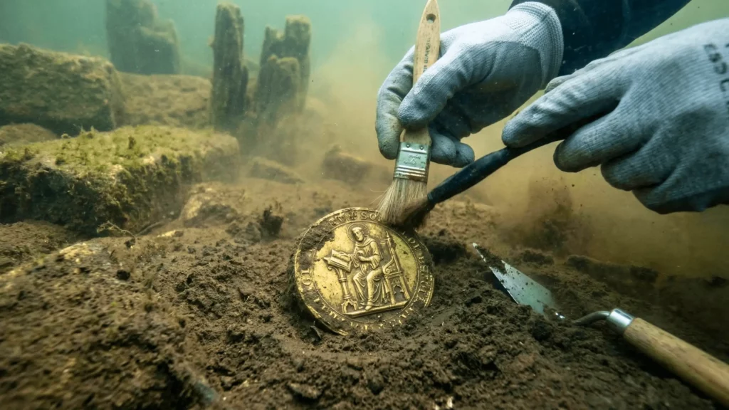Archéologue nettoyant un sceau médiéval en métal découvert lors d’une fouille sous-marine.