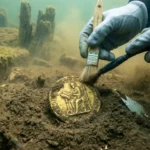 Archéologue nettoyant un sceau médiéval en métal découvert lors d’une fouille sous-marine.