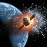 Explosion d’un satellite Starlink en orbite terrestre, projetant des débris spatiaux autour de la Terre, sur fond de tensions géopolitiques et de guerre spatiale.