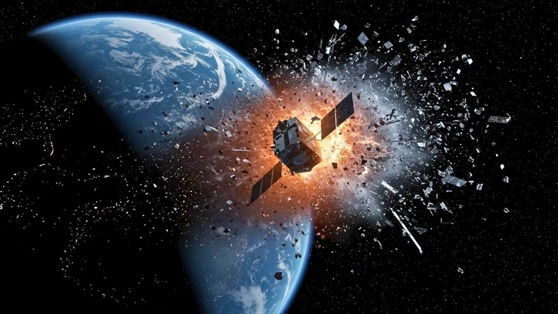 Explosion d’un satellite Starlink en orbite terrestre, projetant des débris spatiaux autour de la Terre, sur fond de tensions géopolitiques et de guerre spatiale.