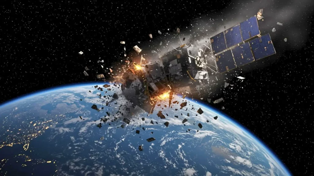 Explosion d’un satellite Starlink en orbite basse au-dessus de la Terre, projetant de nombreux débris spatiaux