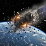 Explosion d’un satellite Starlink en orbite basse au-dessus de la Terre, projetant de nombreux débris spatiaux