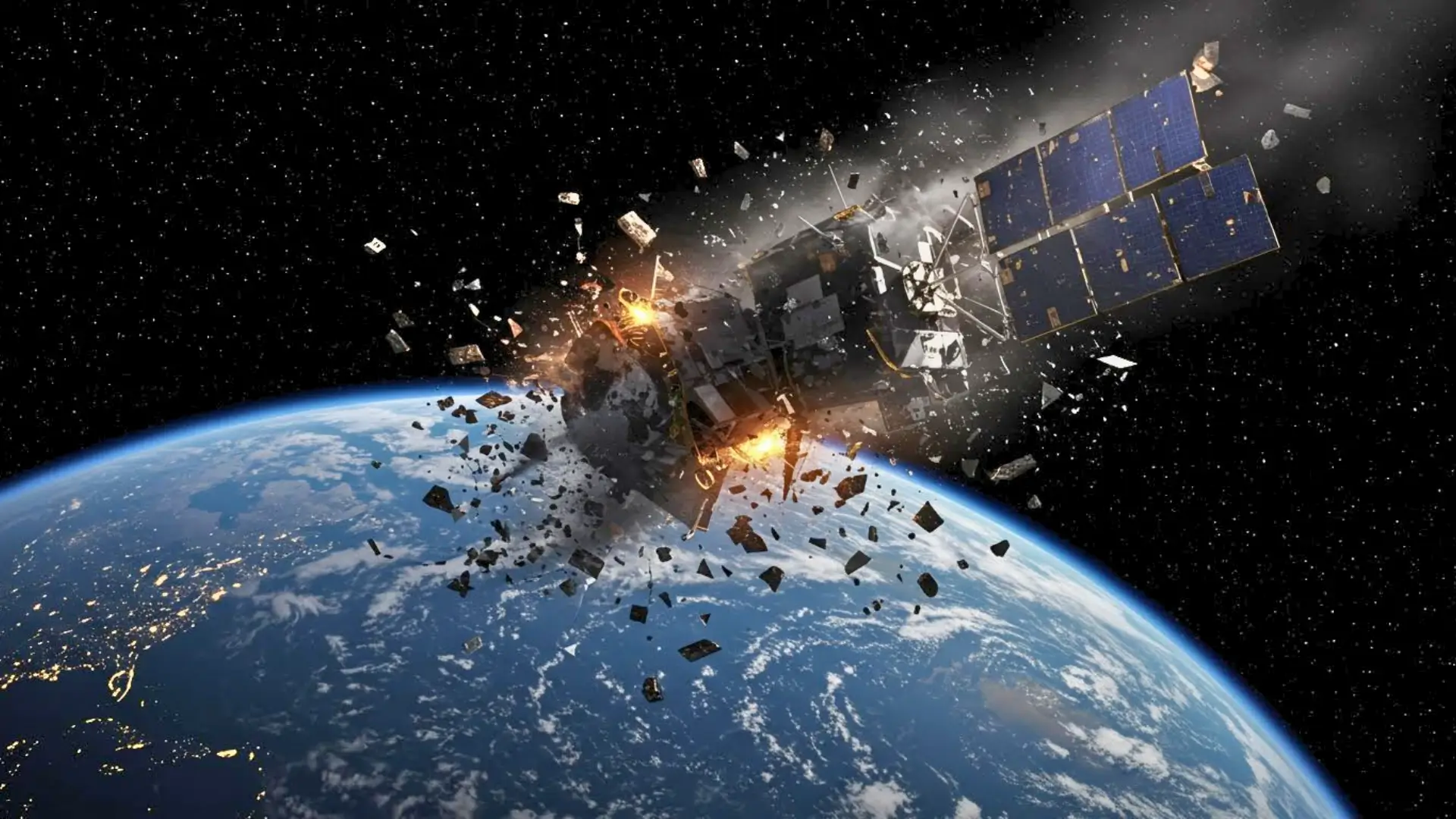 Explosion d’un satellite Starlink en orbite basse au-dessus de la Terre, projetant de nombreux débris spatiaux