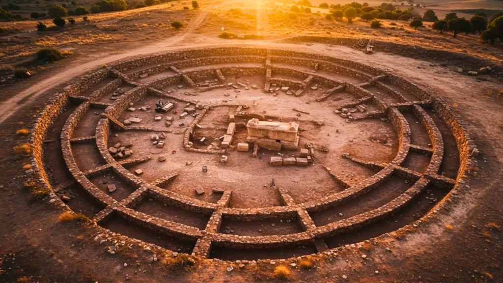 Vue aérienne d’une forteresse néolithique circulaire en Estrémadure avec murs concentriques et un cercueil romain au centre du site archéologique