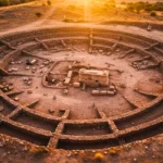Vue aérienne d’une forteresse néolithique circulaire en Estrémadure avec murs concentriques et un cercueil romain au centre du site archéologique
