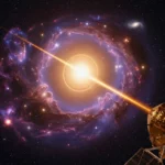 Illustration d’un sursaut gamma intense émanant d’une galaxie, observé par le satellite spatial SVOM en orbite.