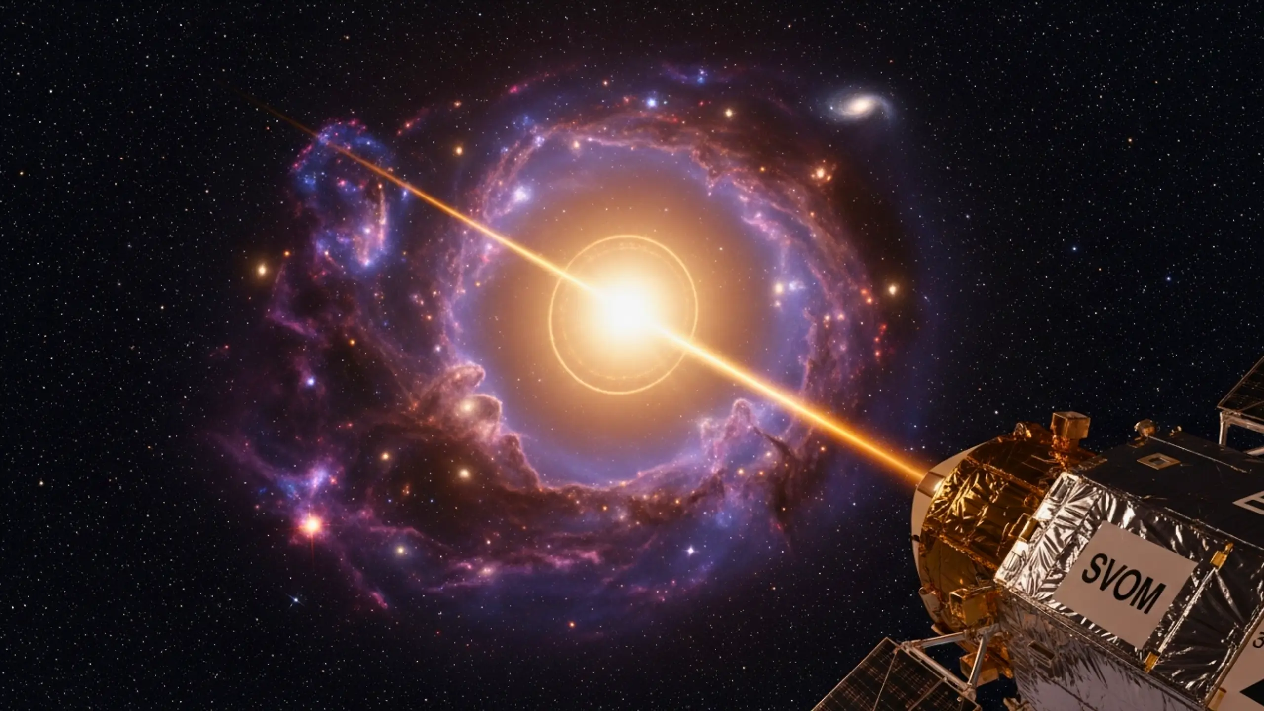 Illustration d’un sursaut gamma intense émanant d’une galaxie, observé par le satellite spatial SVOM en orbite.