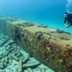 Plongeur explorant un long mur de pierre immergé recouvert de coraux, découvert à faible profondeur au fond de l’océan