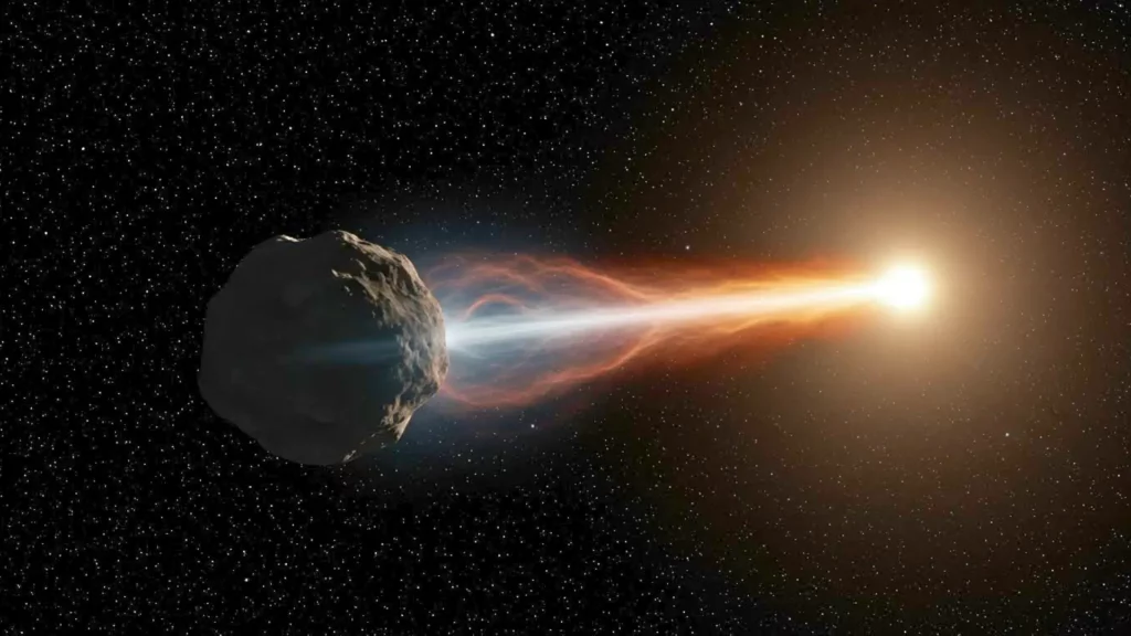 Illustration d’une comète interstellaire se dirigeant vers le Soleil, avec une queue lumineuse orientée de façon inhabituelle dans l’espace.