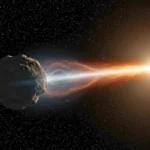 Illustration d’une comète interstellaire se dirigeant vers le Soleil, avec une queue lumineuse orientée de façon inhabituelle dans l’espace.