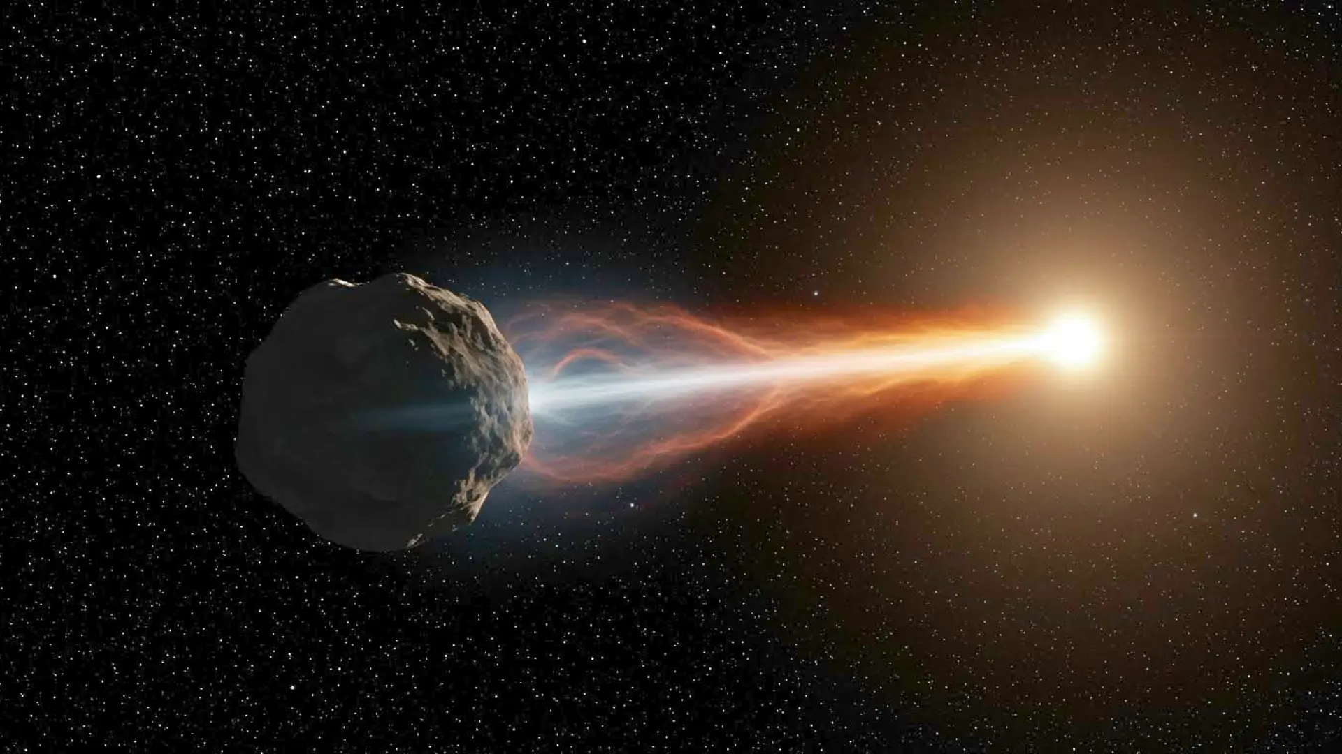 Illustration d’une comète interstellaire se dirigeant vers le Soleil, avec une queue lumineuse orientée de façon inhabituelle dans l’espace.