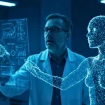 Chercheur en laboratoire collaborant avec une intelligence artificielle holographique pour analyser des données génétiques