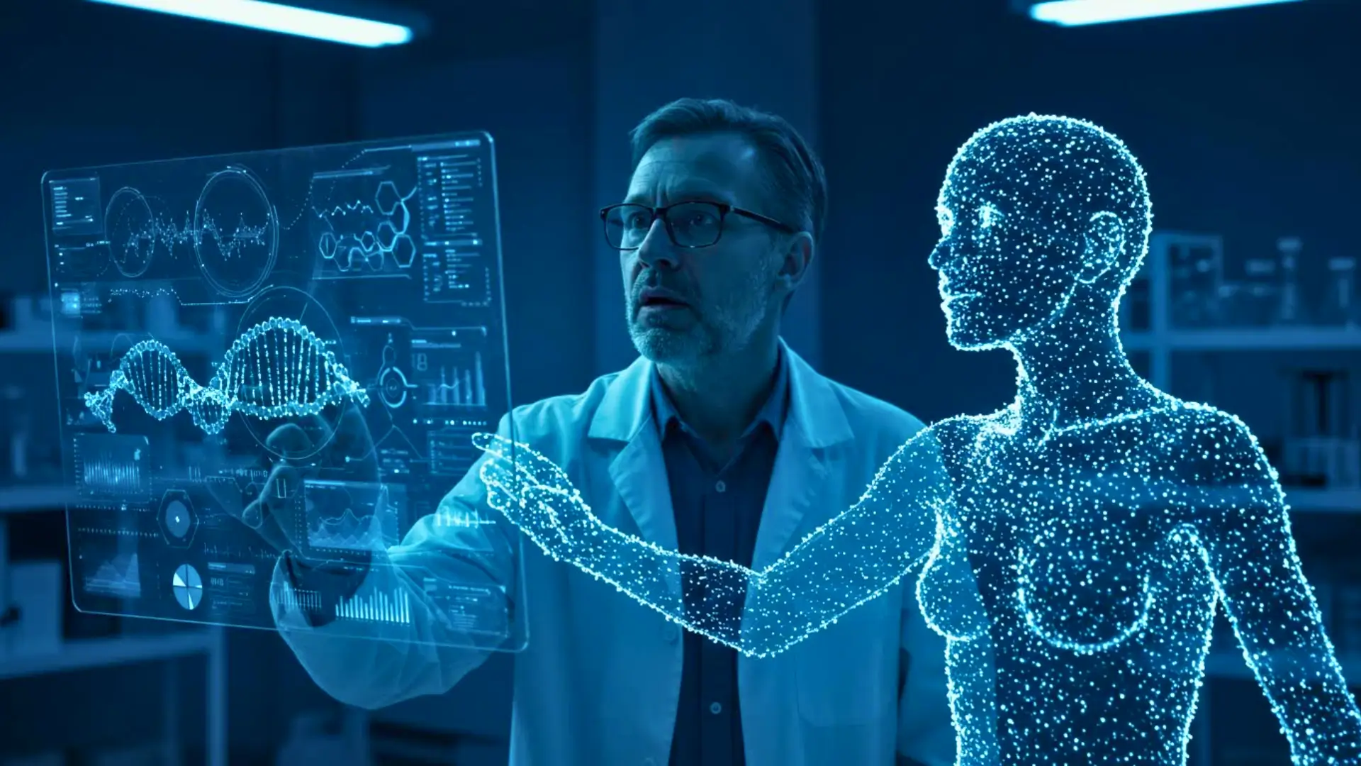 Chercheur en laboratoire collaborant avec une intelligence artificielle holographique pour analyser des données génétiques