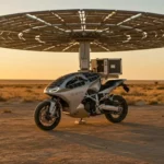 Moto solaire autonome avec auvent photovoltaïque déployé dans un désert au coucher du soleil