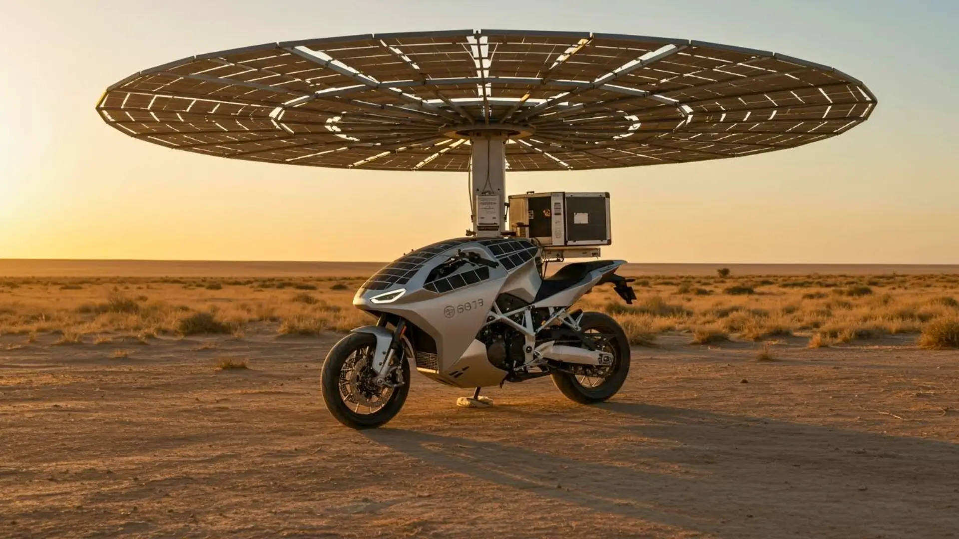 Moto solaire autonome avec auvent photovoltaïque déployé dans un désert au coucher du soleil