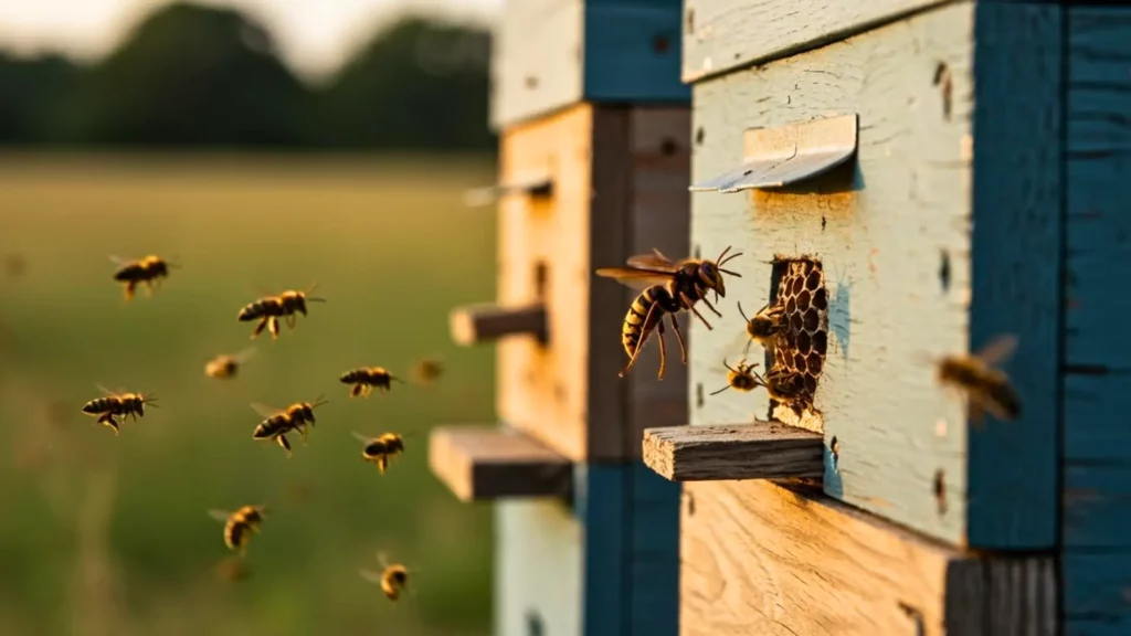 Frelon européen attaquant une ruche entourée d’abeilles en plein vol