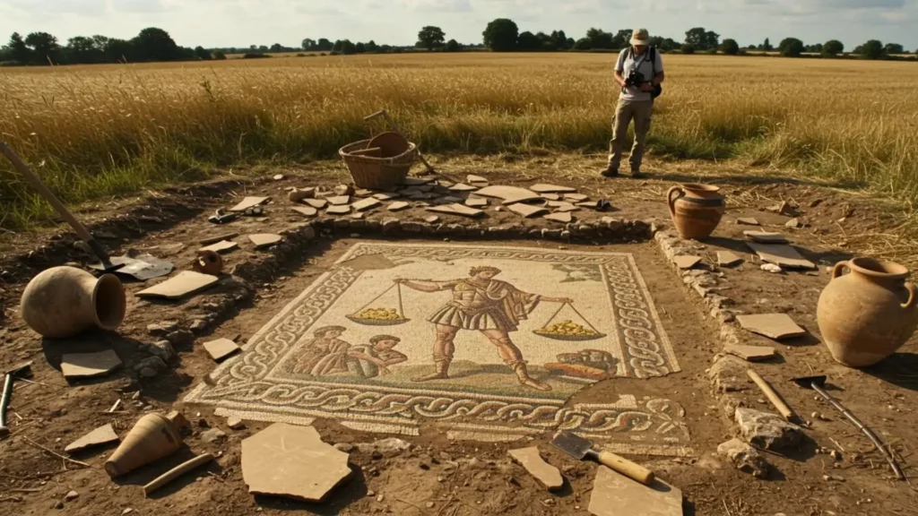 Mosaïque romaine représentant une scène de la guerre de Troie, mise au jour lors de fouilles archéologiques dans une villa antique du Rutland, en Angleterre.