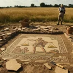 Mosaïque romaine représentant une scène de la guerre de Troie, mise au jour lors de fouilles archéologiques dans une villa antique du Rutland, en Angleterre.