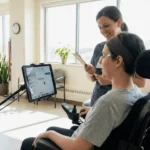 Personne en fauteuil roulant utilisant une interface numérique assistée, accompagnée d’une professionnelle de santé.