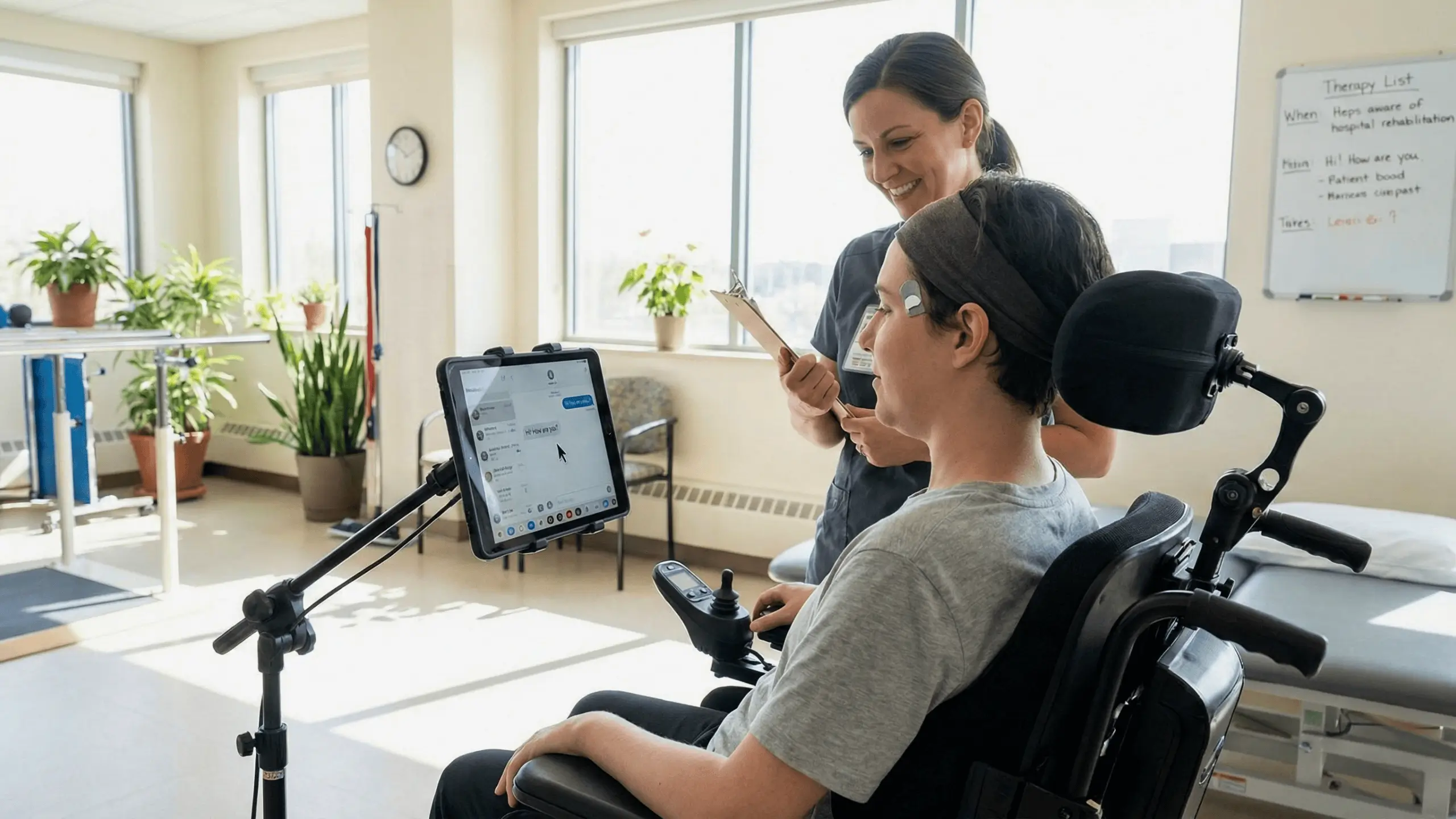 Personne en fauteuil roulant utilisant une interface numérique assistée, accompagnée d’une professionnelle de santé.