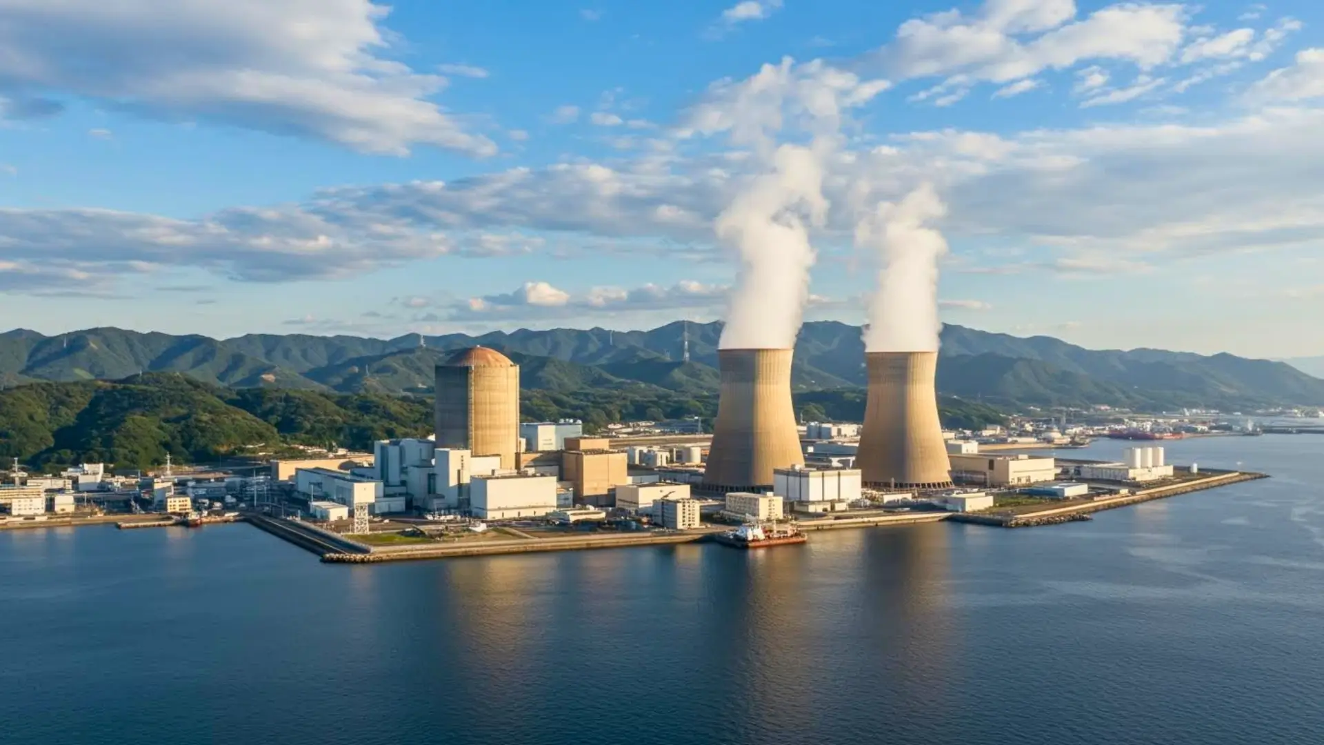 Vue aérienne de la centrale nucléaire de Kashiwazaki-Kariwa au Japon, avec ses tours de refroidissement en activité au bord de la mer