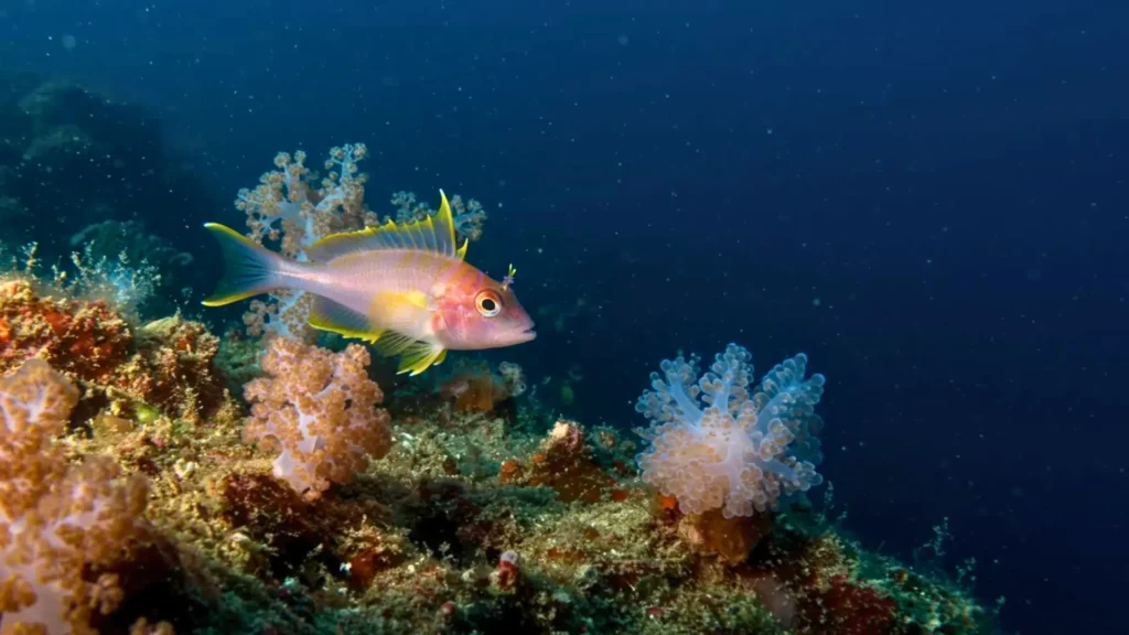 Poisson coloré nageant au-dessus d’un récif corallien profond dans les eaux sombres du Pacifique