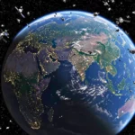 Vue de la Terre entourée de centaines de satellites artificiels illustrant la saturation de l’orbite terrestre et la course spatiale mondiale.