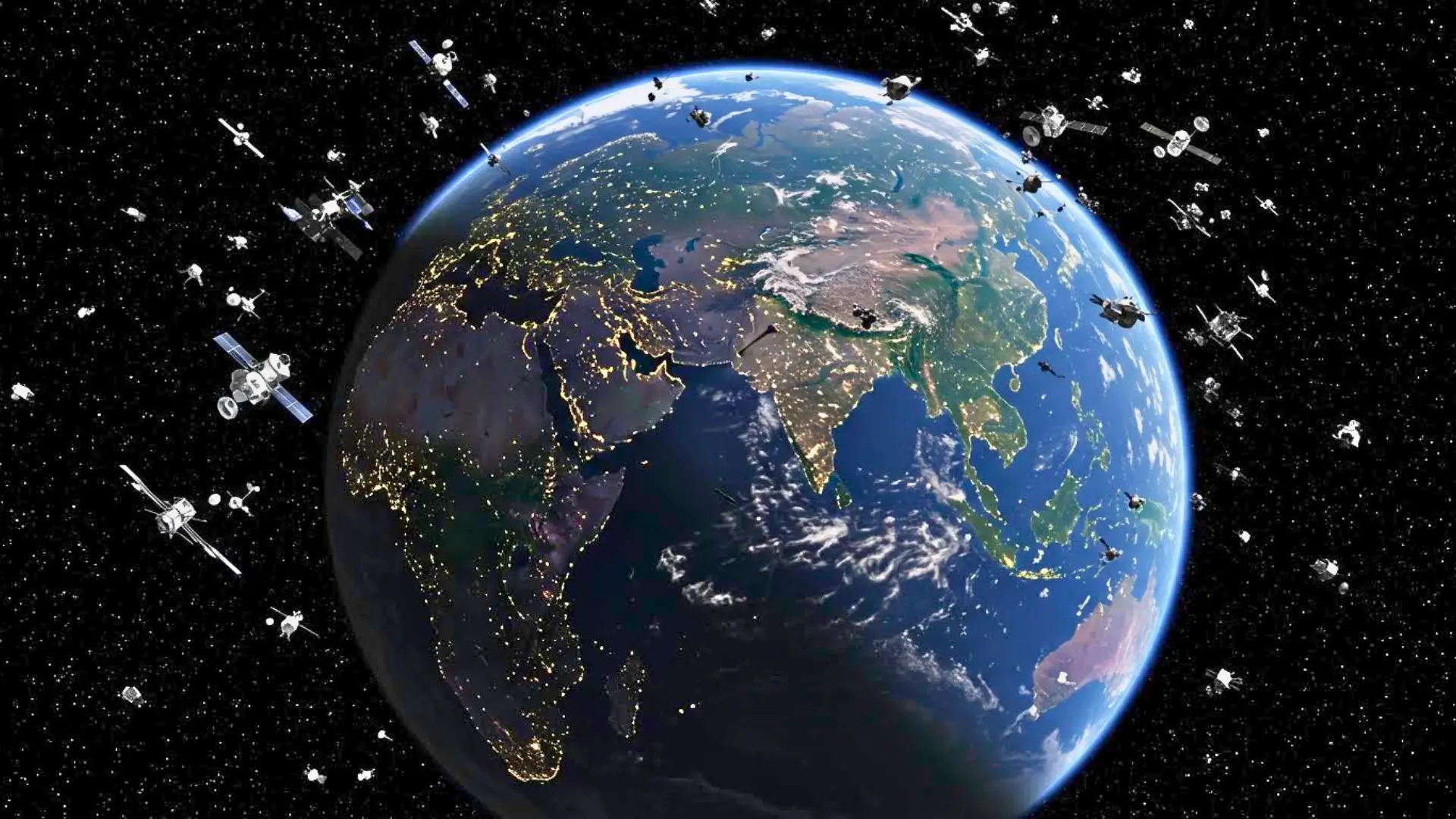 Vue de la Terre entourée de centaines de satellites artificiels illustrant la saturation de l’orbite terrestre et la course spatiale mondiale.