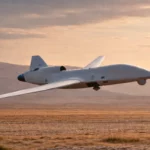 Drone intercepteur français à microréacteur volant à basse altitude au-dessus d’un terrain désertique, sans hélices, conçu pour intercepter des drones ennemis rapides.