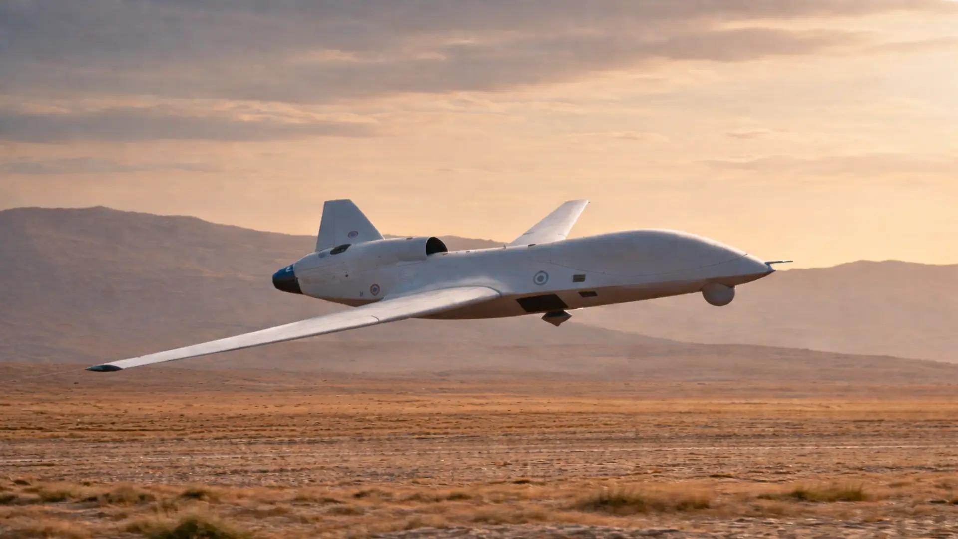 Drone intercepteur français à microréacteur volant à basse altitude au-dessus d’un terrain désertique, sans hélices, conçu pour intercepter des drones ennemis rapides.
