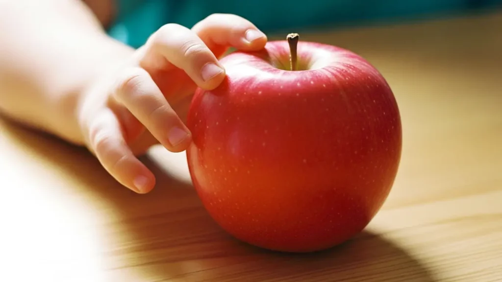 Main d'un jeune enfant s'approchant d'une pomme rouge fraîche posée sur une table en bois clair sous une lumière naturelle.