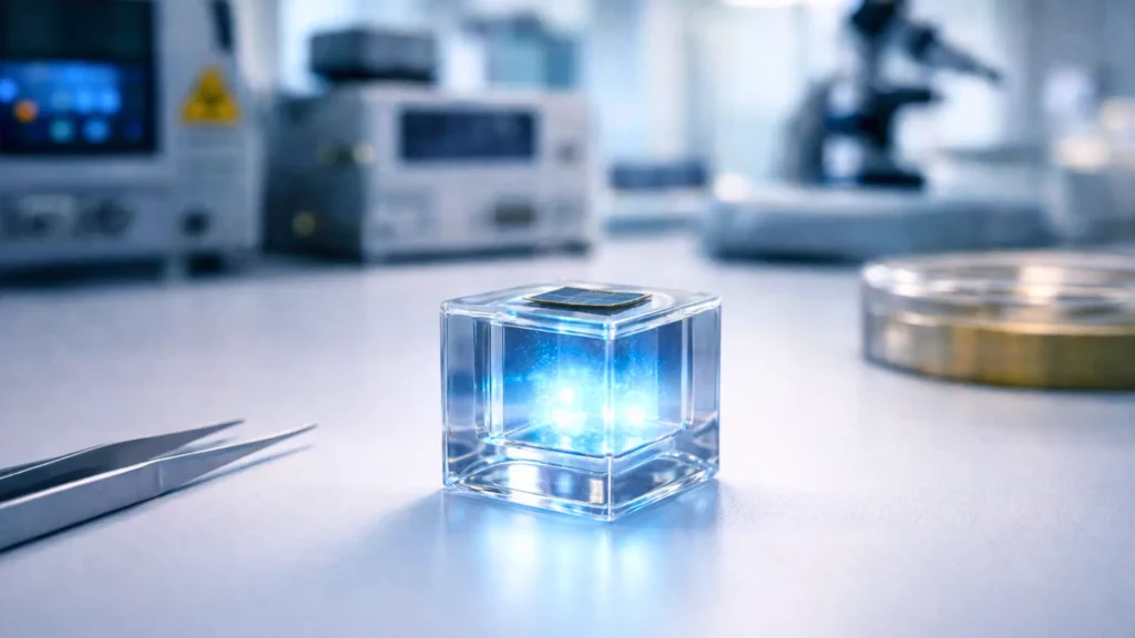 Prototype de batterie aux rayons gamma dans un laboratoire, utilisant la conversion lumineuse pour produire de l’électricité durable.