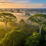 Main d'un scientifique mesurant un tronc d'arbre en Amazonie avec un mètre ruban.