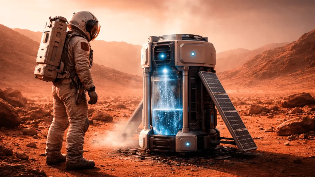 Un astronaute en combinaison observe une machine en train de condenser l’humidité de l’air sur la surface de Mars.