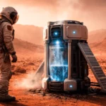 Un astronaute en combinaison observe une machine en train de condenser l’humidité de l’air sur la surface de Mars.