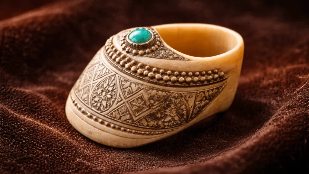 Une bague d’archer médiévale en ivoire finement décorée, posée sur un tissu en velours sombre, avec une turquoise sertie et des motifs géométriques en argent.