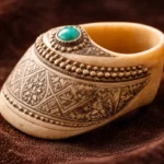 Une bague d’archer médiévale en ivoire finement décorée, posée sur un tissu en velours sombre, avec une turquoise sertie et des motifs géométriques en argent.