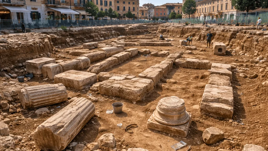 Vue d’un site archéologique à Fano, en Italie, avec des fondations antiques et des colonnes effondrées mises au jour au centre d’une place urbaine.