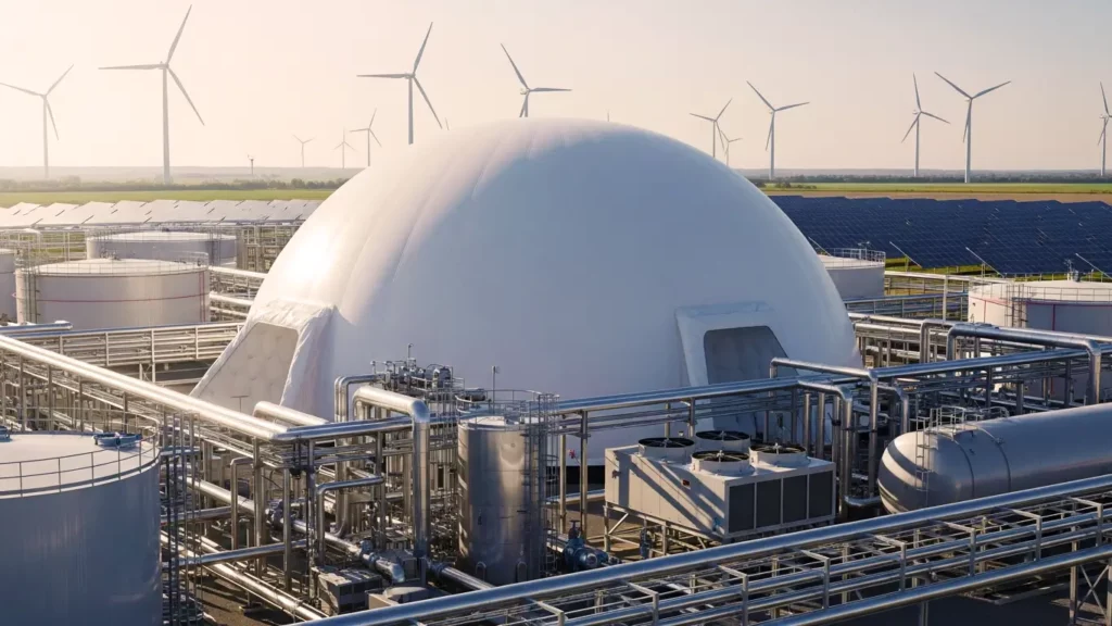 Une gigantesque batterie au CO₂ en forme de dôme gonflable blanc, entourée d’infrastructures industrielles, de tuyaux et de réservoirs, au cœur d’un paysage ensoleillé avec éoliennes et mer en arrière-plan.