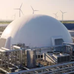 Une gigantesque batterie au CO₂ en forme de dôme gonflable blanc, entourée d’infrastructures industrielles, de tuyaux et de réservoirs, au cœur d’un paysage ensoleillé avec éoliennes et mer en arrière-plan.